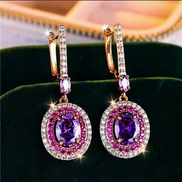 NWT Vintage Style Crystal Huggie Drop Earrings 14K Gold Plated Pink Purple - Picture 1 of 10